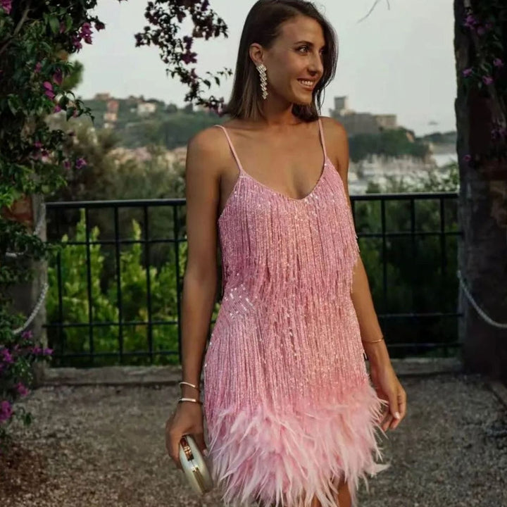 Women's Sequin Fringe Feather Trim Cocktail Dress - Light Pink