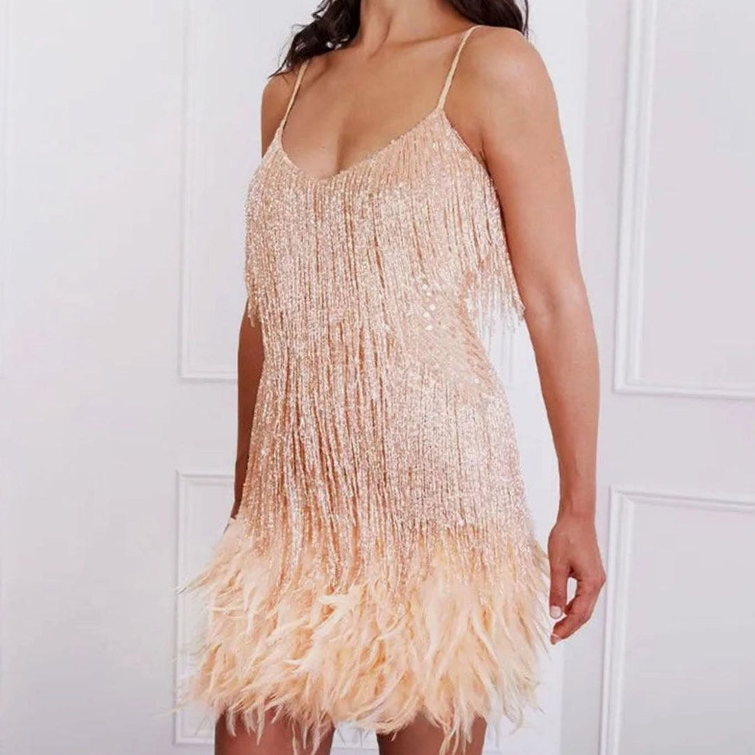 Women's Sequin Fringe Feather Trim Cocktail Dress - Beige