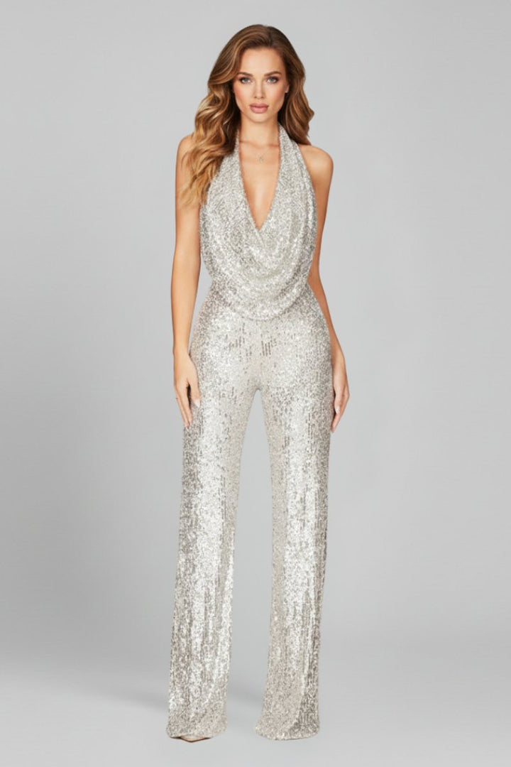 Women's Sequin Halter Cowl-Neck Wide Leg Pants Jumpsuit - Silver