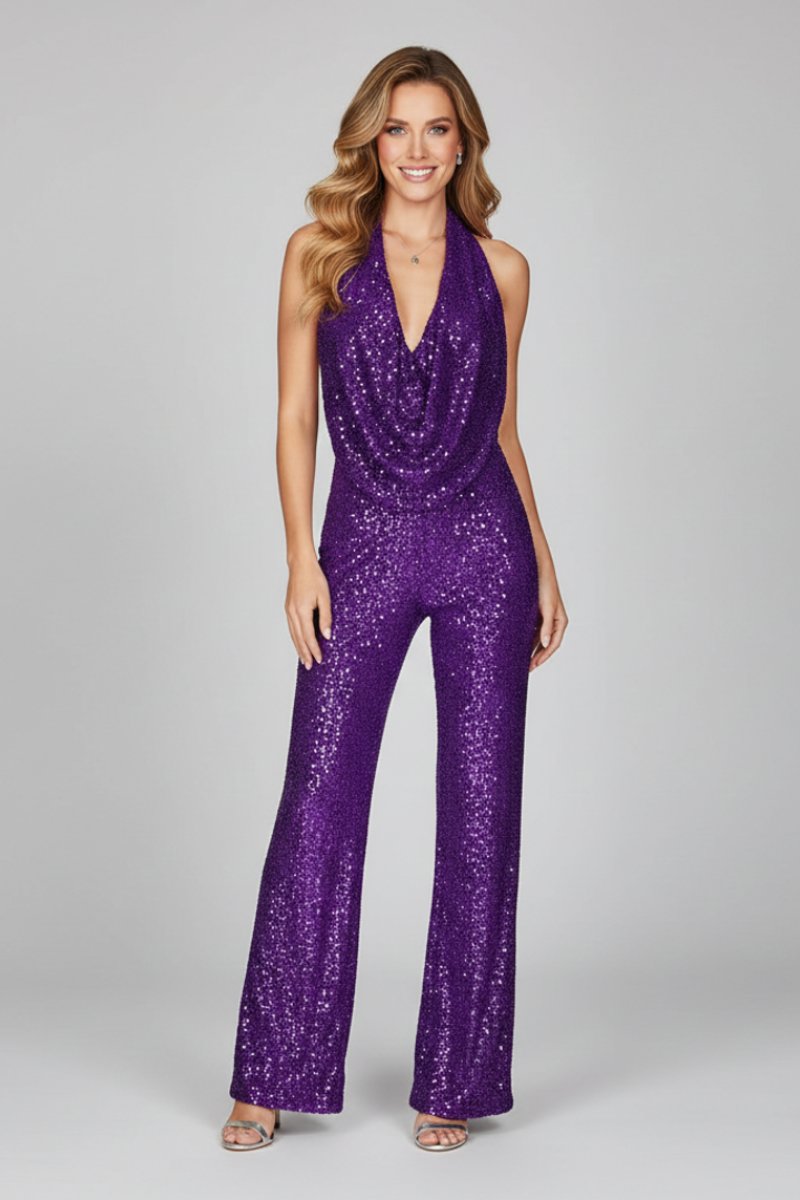 Women's Sequin Halter Cowl-Neck Wide Leg Pants Jumpsuit - Purple