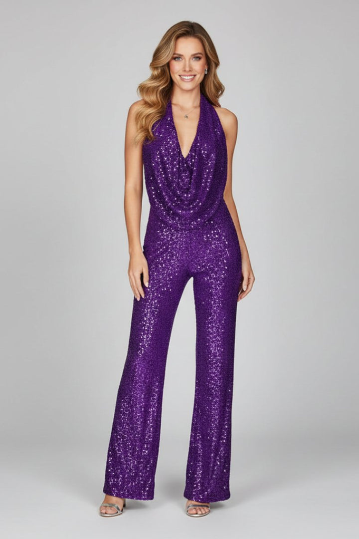 Women's Sequin Halter Cowl-Neck Wide Leg Pants Jumpsuit - Purple