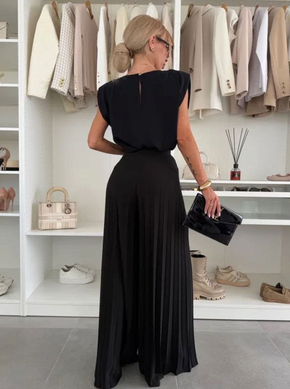 Women's Set Pleated Wide-Leg Pants Sleeveless Padded-Shoulder Two-Piece