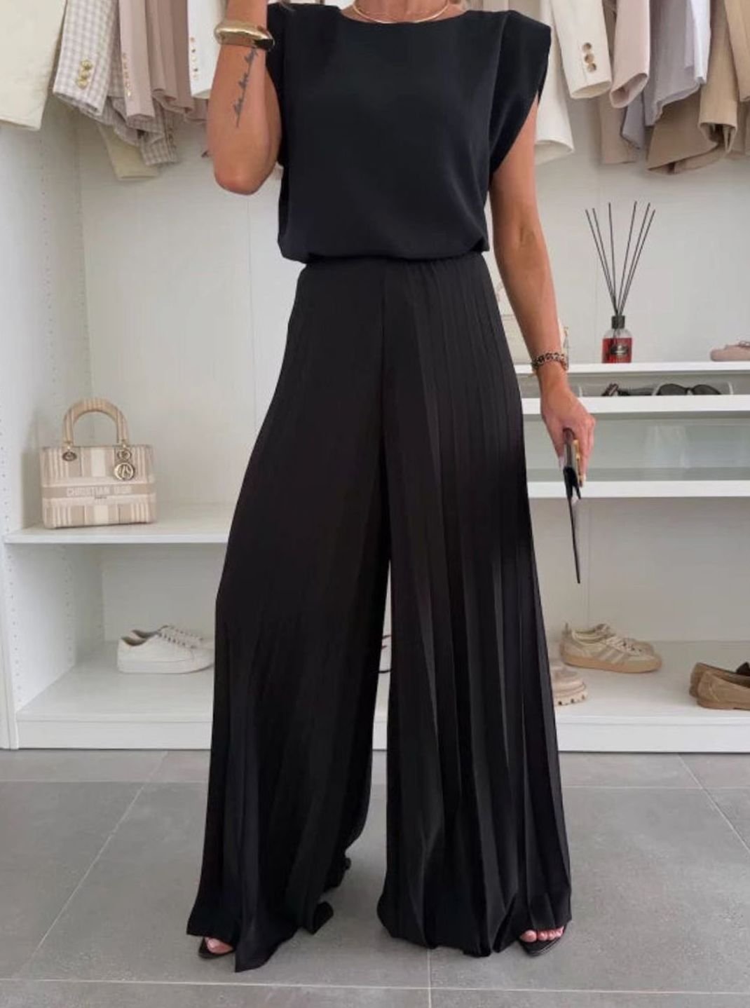 Women's Set Pleated Wide-Leg Pants Sleeveless Padded-Shoulder Two-Piece