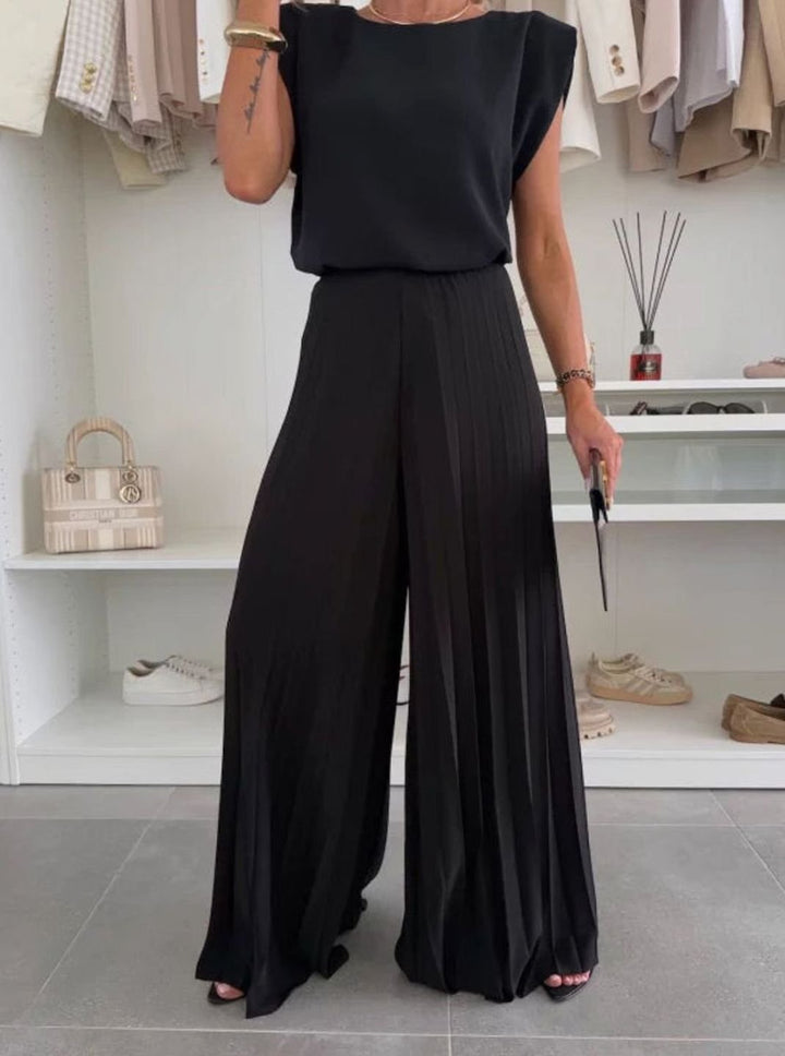 Women's Set Pleated Wide-Leg Pants Sleeveless Padded-Shoulder Two-Piece