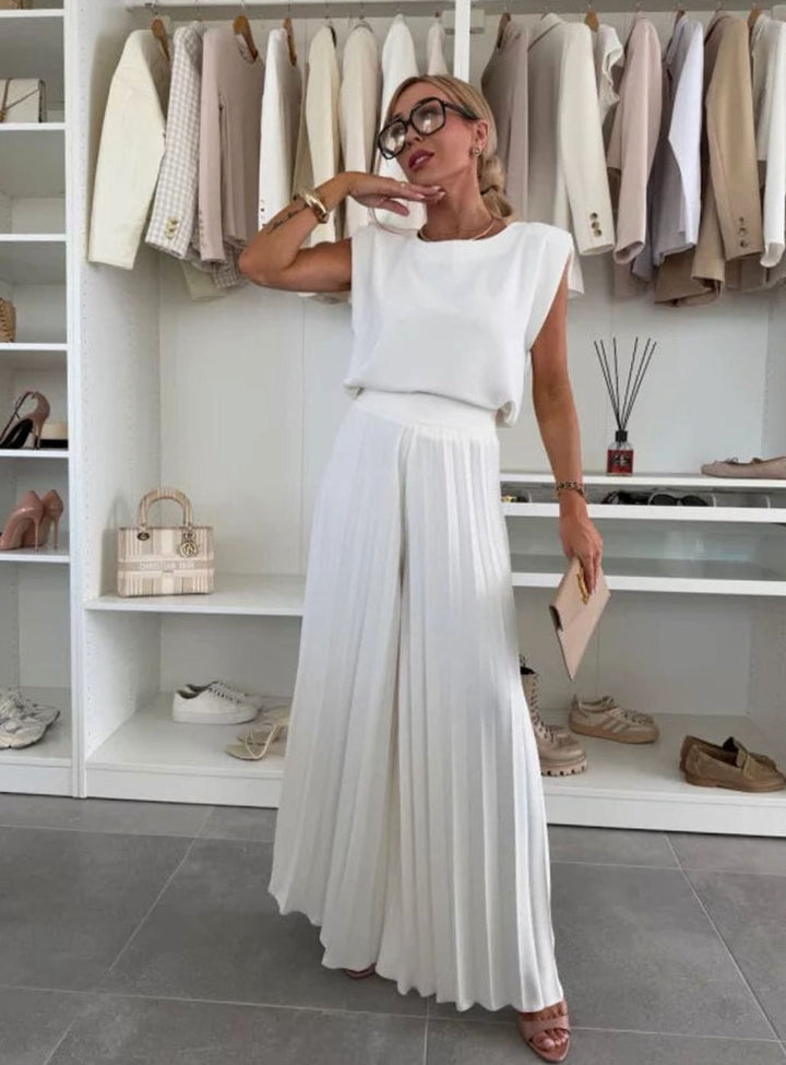 Women's Set Pleated Wide-Leg Pants Sleeveless Padded-Shoulder Two-Piece - White