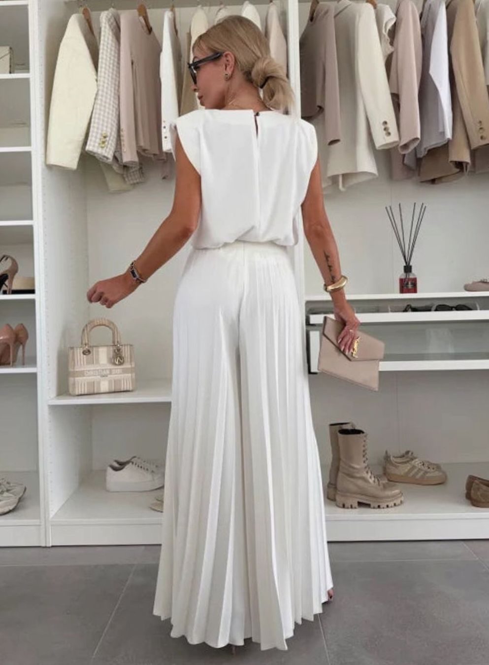Women's Set Pleated Wide-Leg Pants Sleeveless Padded-Shoulder Two-Piece