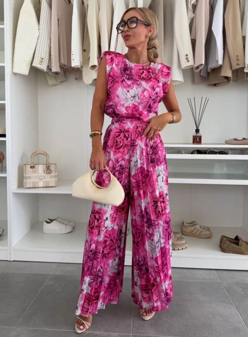 Women's Set Pleated Wide-Leg Pants Sleeveless Padded-Shoulder Two-Piece - Pink
