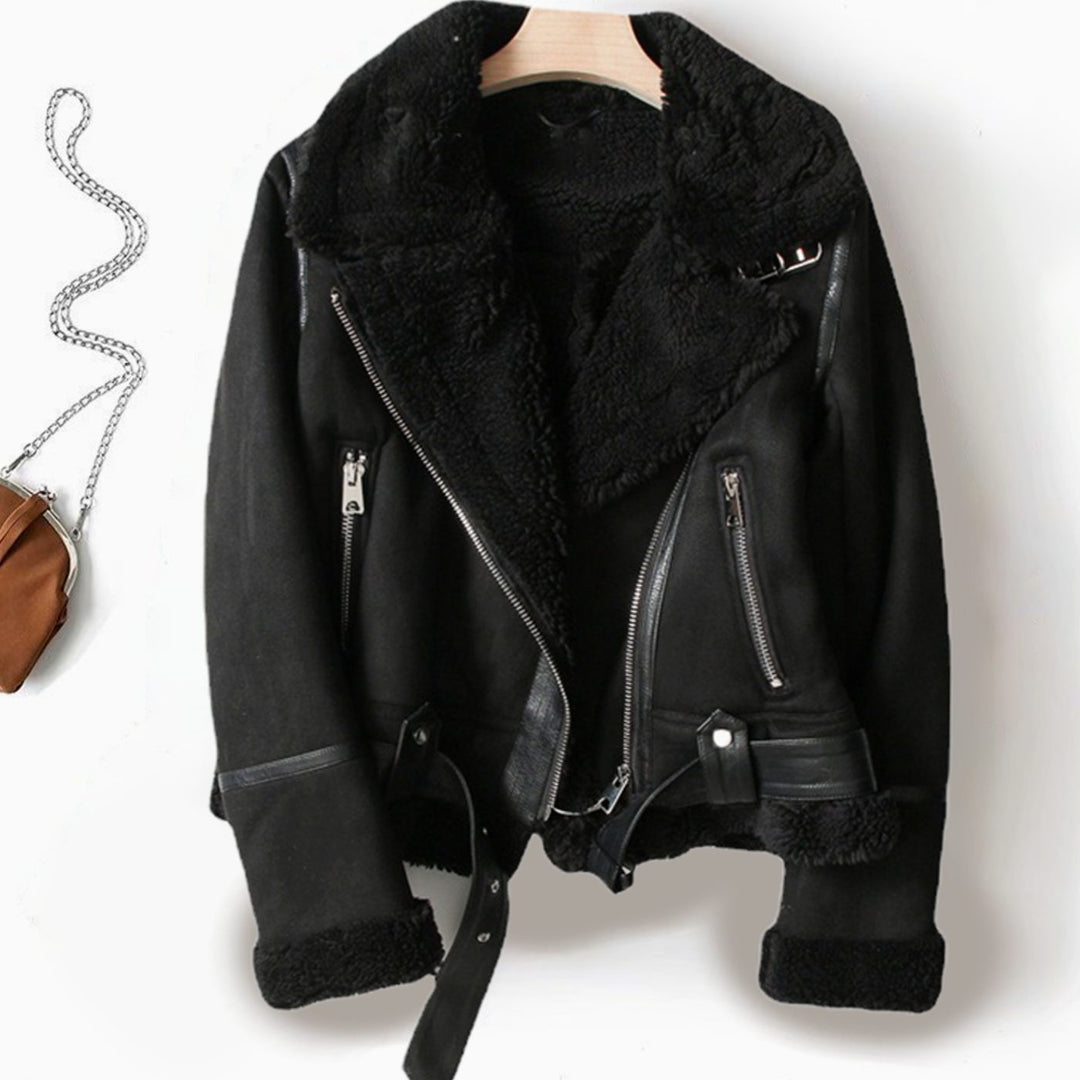 Women's Shearling-Lined Belted Suede Moto Jacket - Black