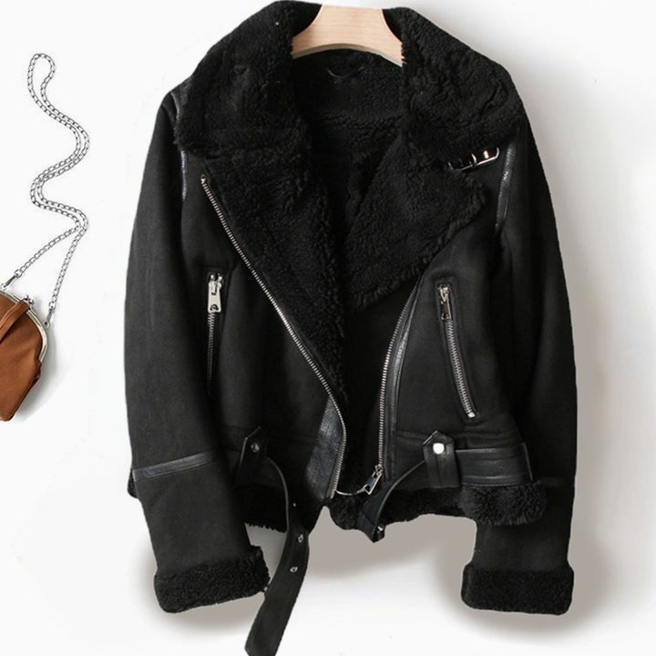 Women's Shearling-Lined Belted Suede Moto Jacket - Black