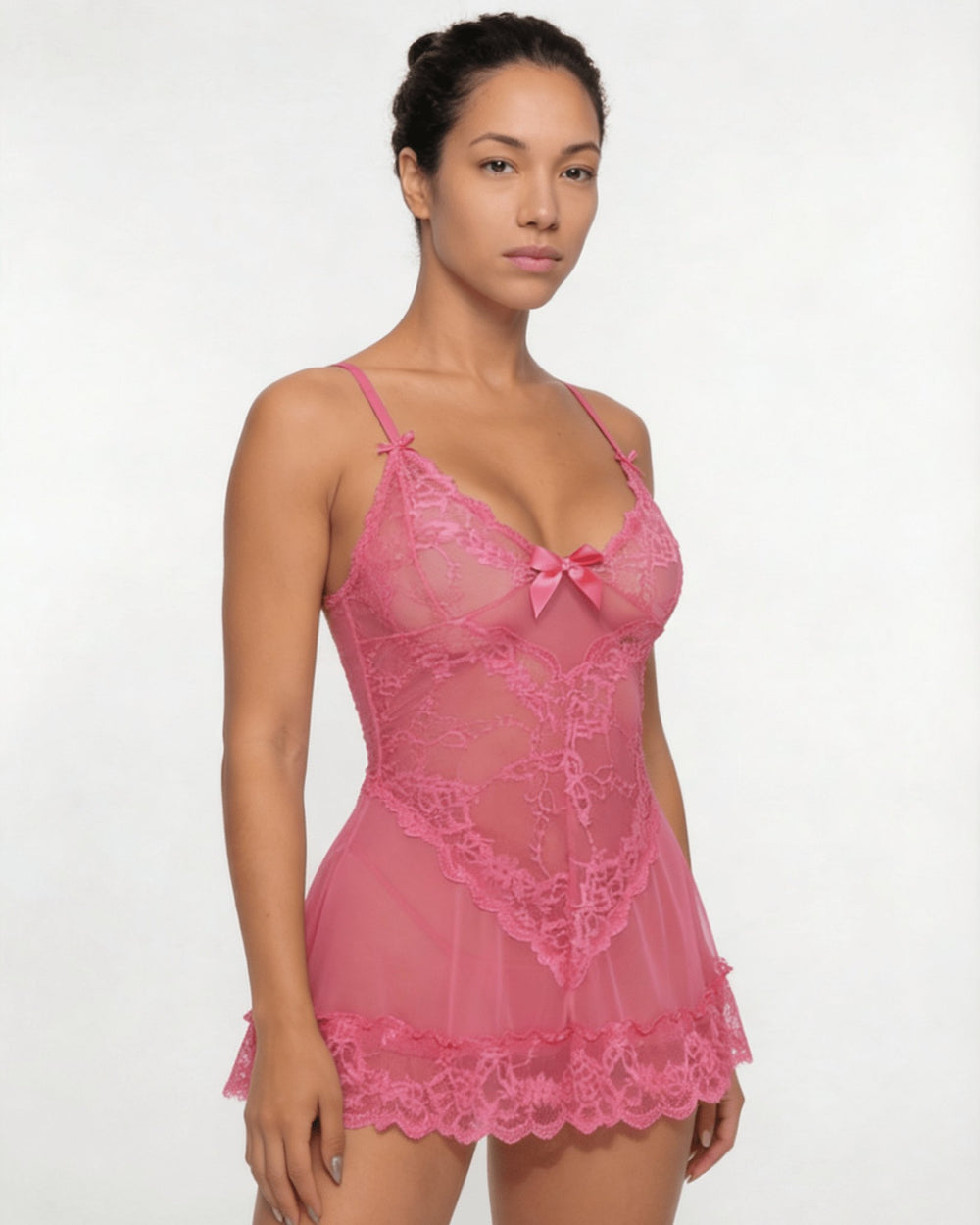 Women's Sheer Mesh Floral Lace Satin-Bow Chemise Slip