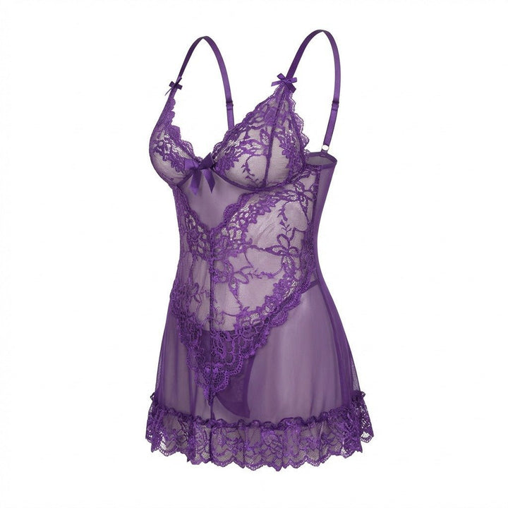 Women's Sheer Mesh Floral Lace Satin-Bow Chemise Slip - Purple