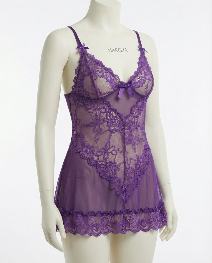 Women's Sheer Mesh Floral Lace Satin-Bow Chemise Slip