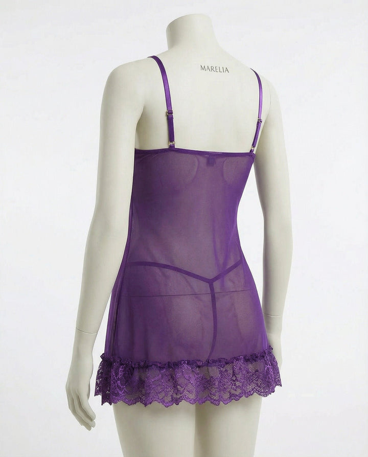 Women's Sheer Mesh Floral Lace Satin-Bow Chemise Slip