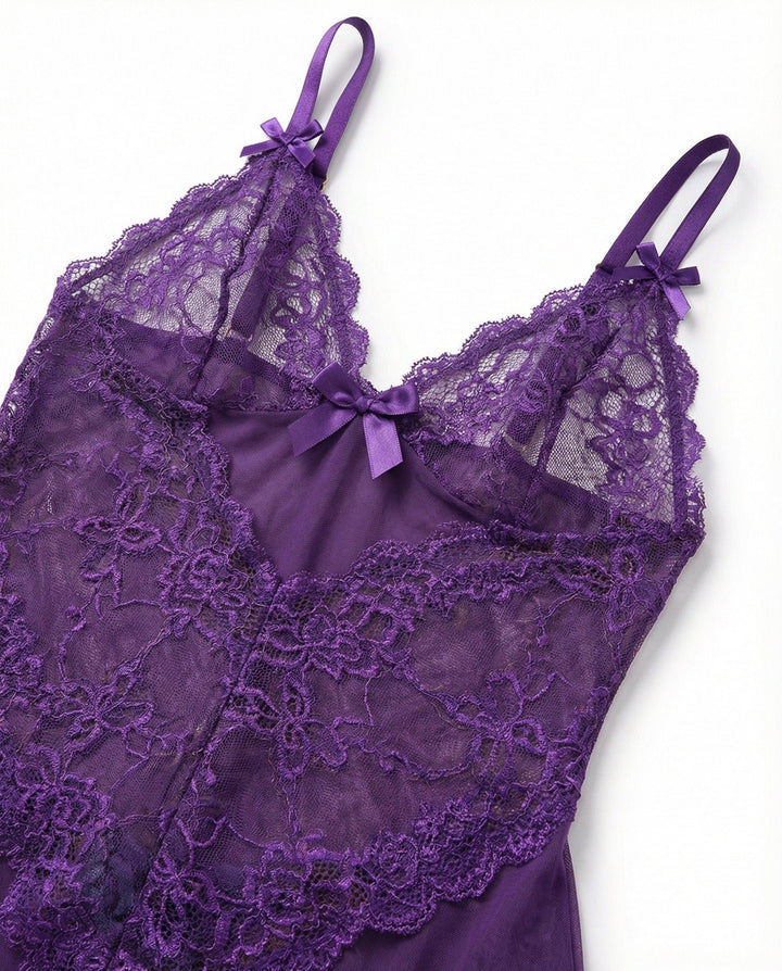 Women's Sheer Mesh Floral Lace Satin-Bow Chemise Slip