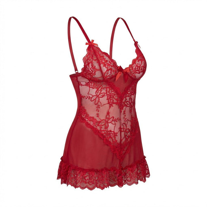 Women's Sheer Mesh Floral Lace Satin-Bow Chemise Slip - Red