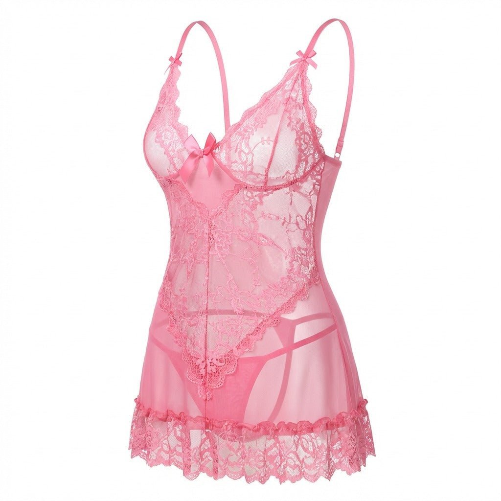 Women's Sheer Mesh Floral Lace Satin-Bow Chemise Slip - Pink