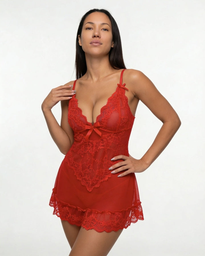 Women's Sheer Mesh Floral Lace Satin-Bow Chemise Slip