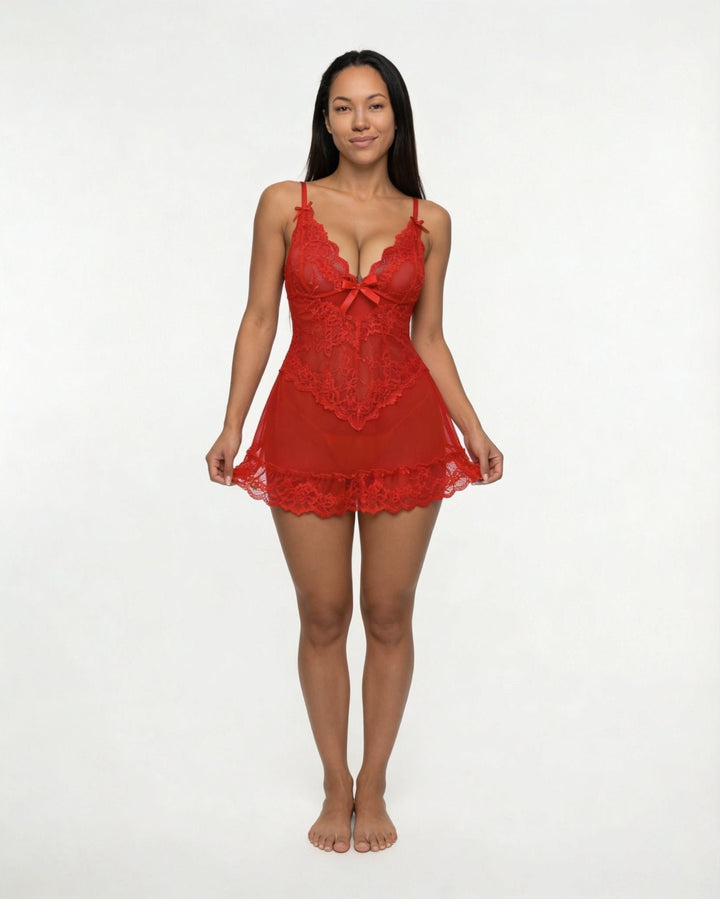 Women's Sheer Mesh Floral Lace Satin-Bow Chemise Slip