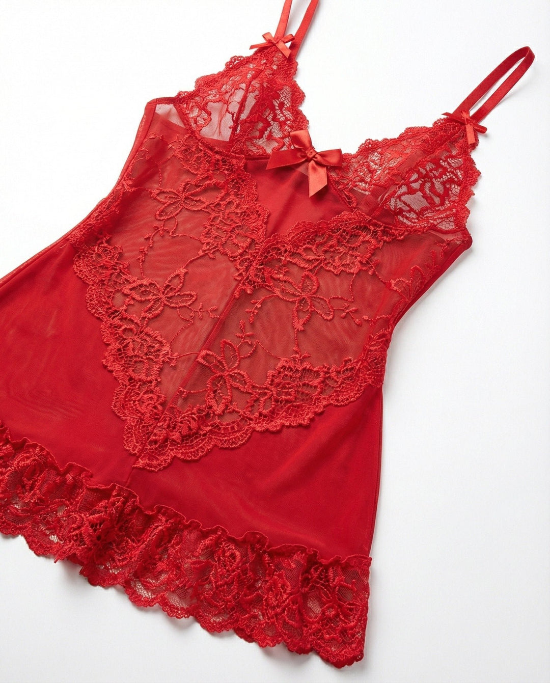 Women's Sheer Mesh Floral Lace Satin-Bow Chemise Slip