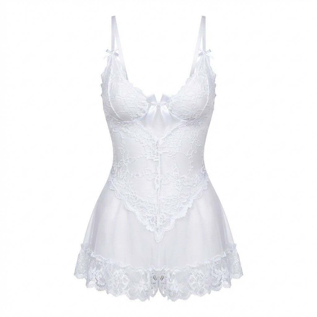 Women's Sheer Mesh Floral Lace Satin-Bow Chemise Slip - White