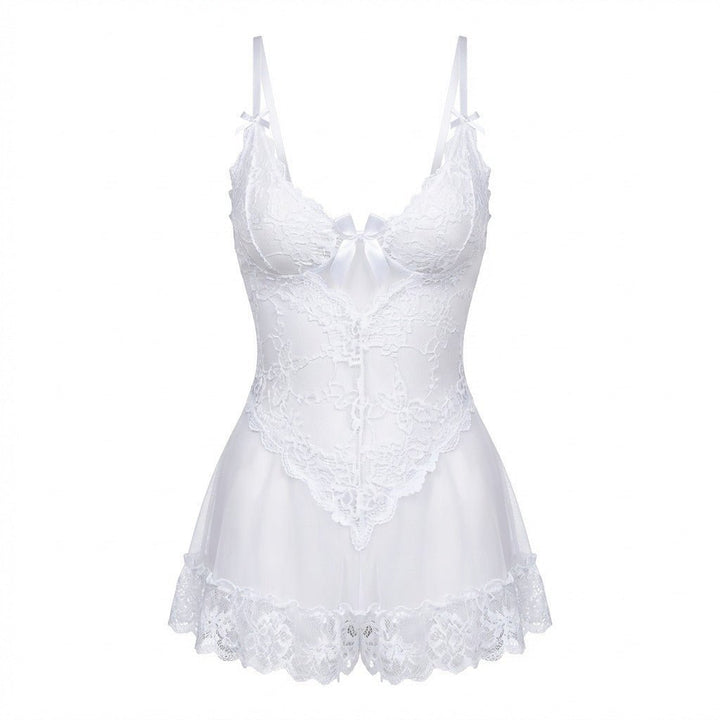 Women's Sheer Mesh Floral Lace Satin-Bow Chemise Slip - White
