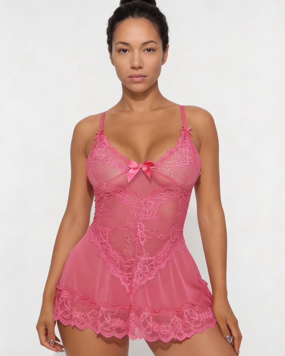 Women's Sheer Mesh Floral Lace Satin-Bow Chemise Slip