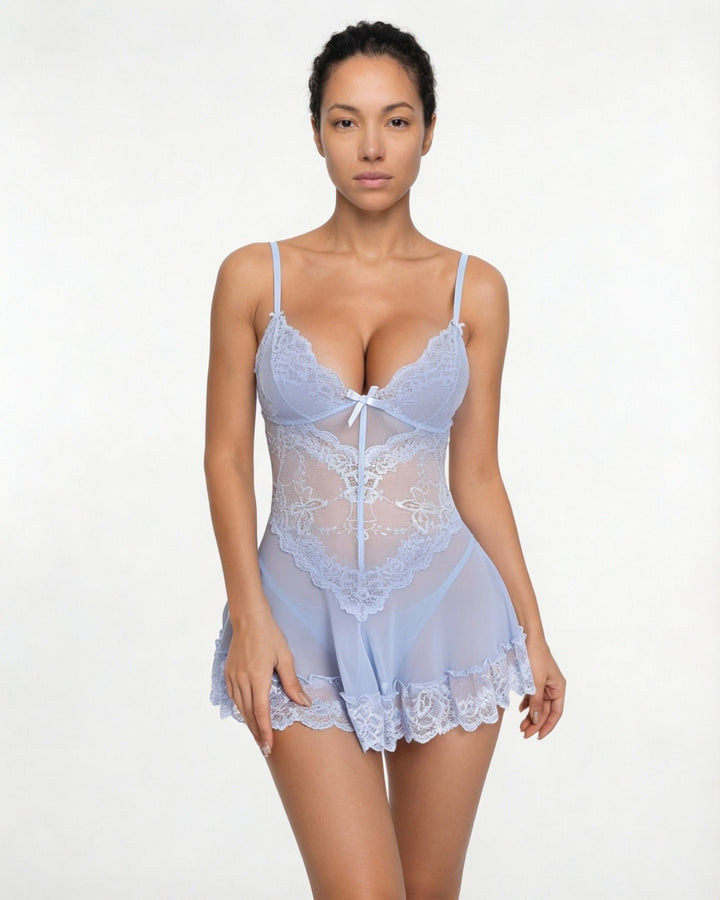 Women's Sheer Mesh Floral Lace Satin-Bow Chemise Slip