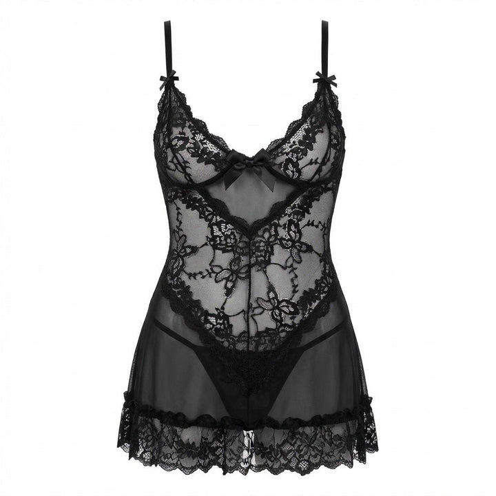 Women's Sheer Mesh Floral Lace Satin-Bow Chemise Slip - Black