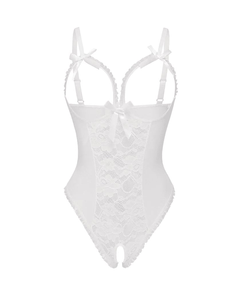 Women's Sheer Mesh Lace Open-Bust Crotchless Bodysuit - White