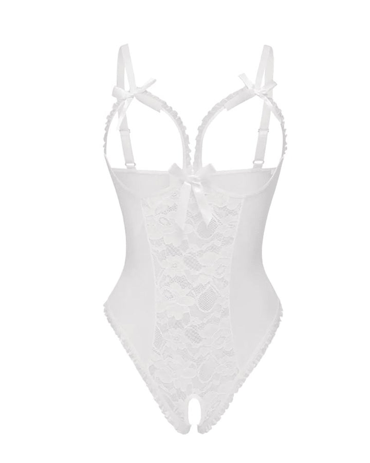 Women's Sheer Mesh Lace Open-Bust Crotchless Bodysuit - White