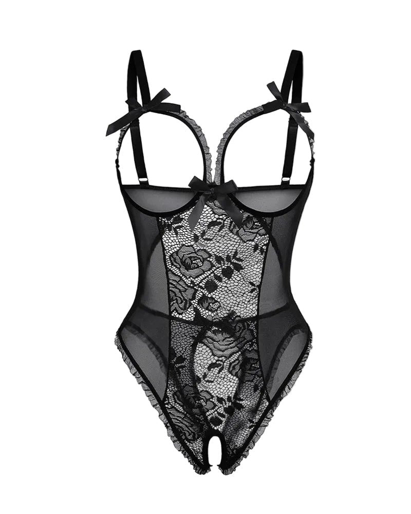Women's Sheer Mesh Lace Open-Bust Crotchless Bodysuit - Black