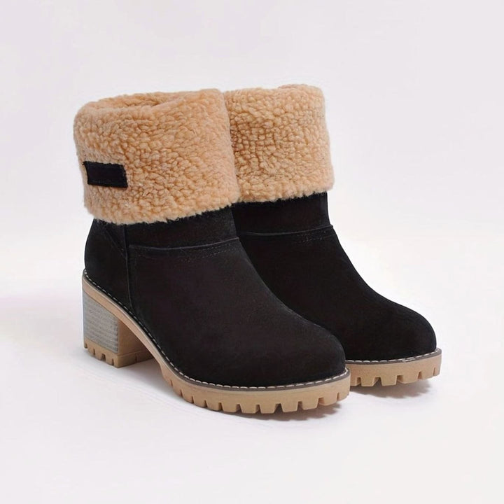 Women's Sherpa-Cuffed Slip-On Block Heel Winter Snow Boots - Black