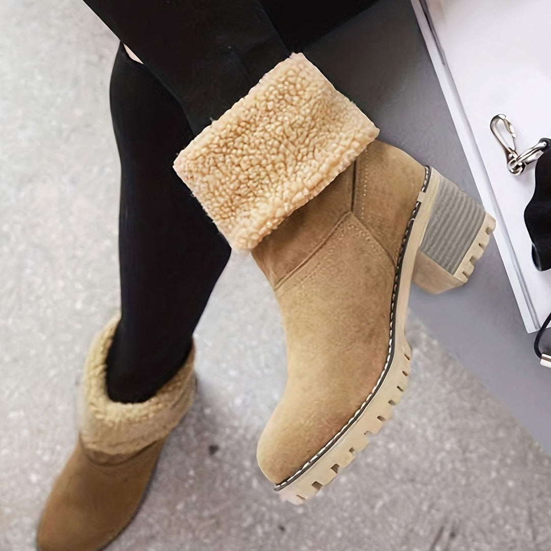 Women's Sherpa-Cuffed Slip-On Block Heel Winter Snow Boots