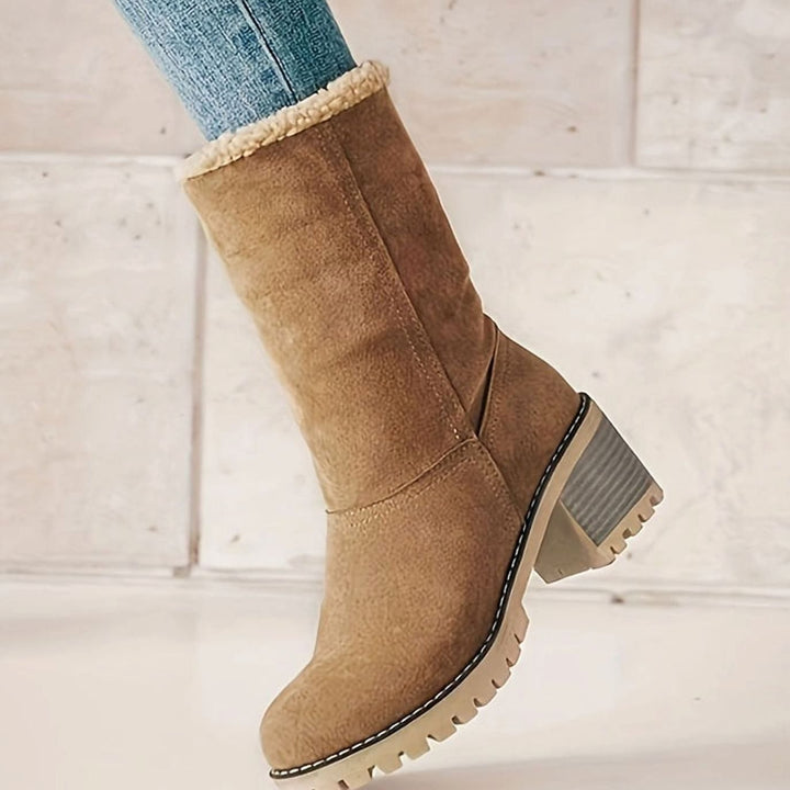 Women's Sherpa-Cuffed Slip-On Block Heel Winter Snow Boots