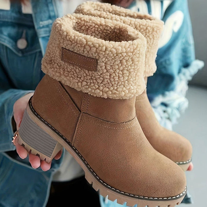Women's Sherpa-Cuffed Slip-On Block Heel Winter Snow Boots