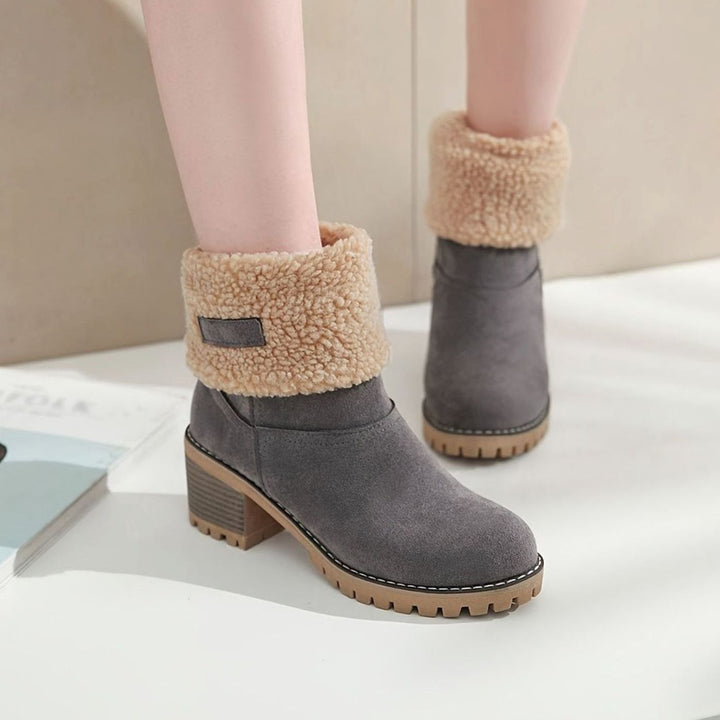 Women's Sherpa-Cuffed Slip-On Block Heel Winter Snow Boots