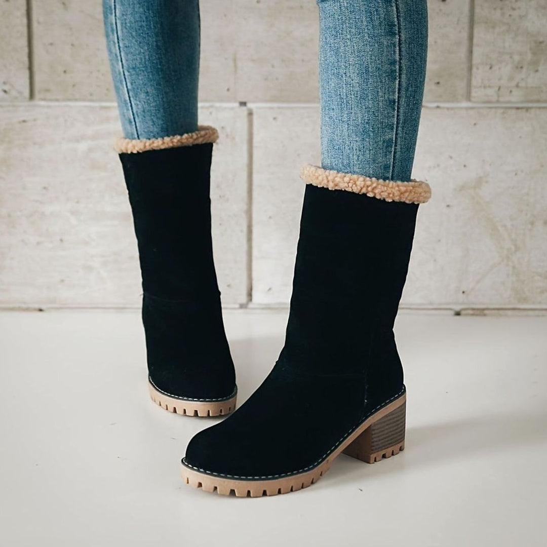 Women's Sherpa-Cuffed Slip-On Block Heel Winter Snow Boots