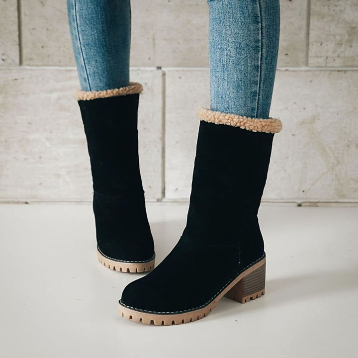 Women's Sherpa-Cuffed Slip-On Block Heel Winter Snow Boots