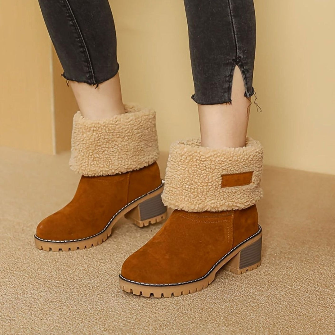 Women's Sherpa-Cuffed Slip-On Block Heel Winter Snow Boots