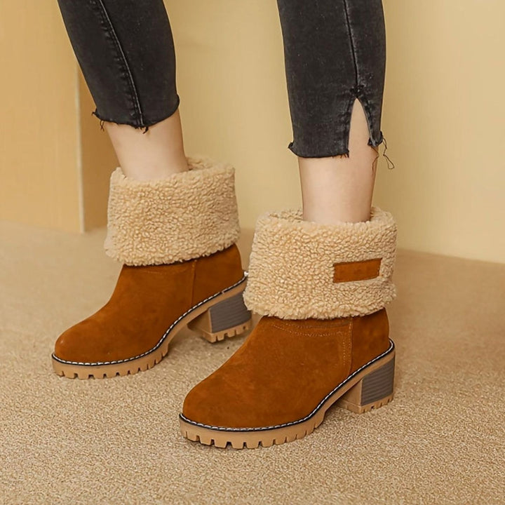 Women's Sherpa-Cuffed Slip-On Block Heel Winter Snow Boots