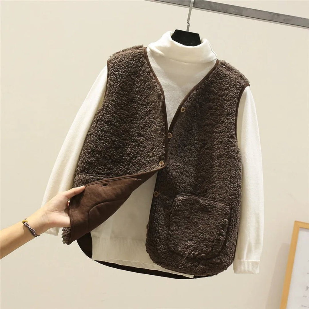 Women's Sherpa Fleece Button-Front Puffer Vest Sleeveless Jacket - Brown