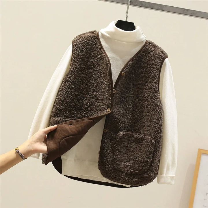 Women's Sherpa Fleece Button-Front Puffer Vest Sleeveless Jacket - Brown