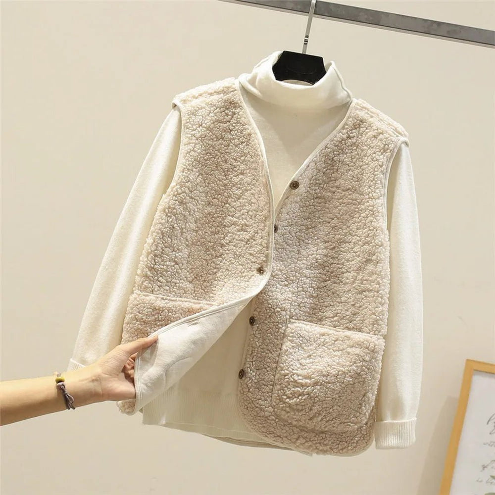 Women's Sherpa Fleece Button-Front Puffer Vest Sleeveless Jacket - Beige