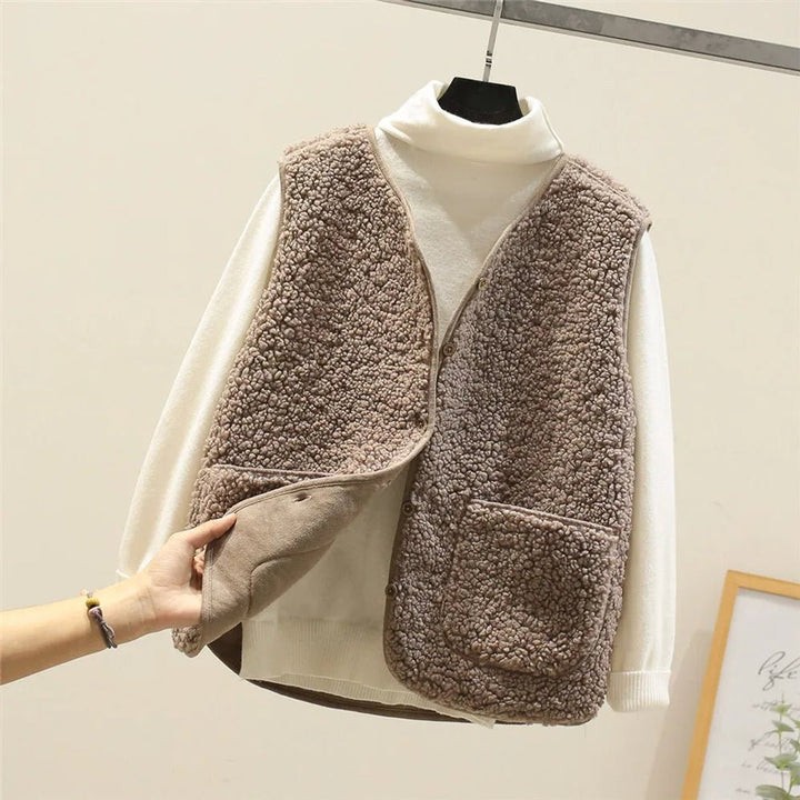 Women's Sherpa Fleece Button-Front Puffer Vest Sleeveless Jacket - Khaki