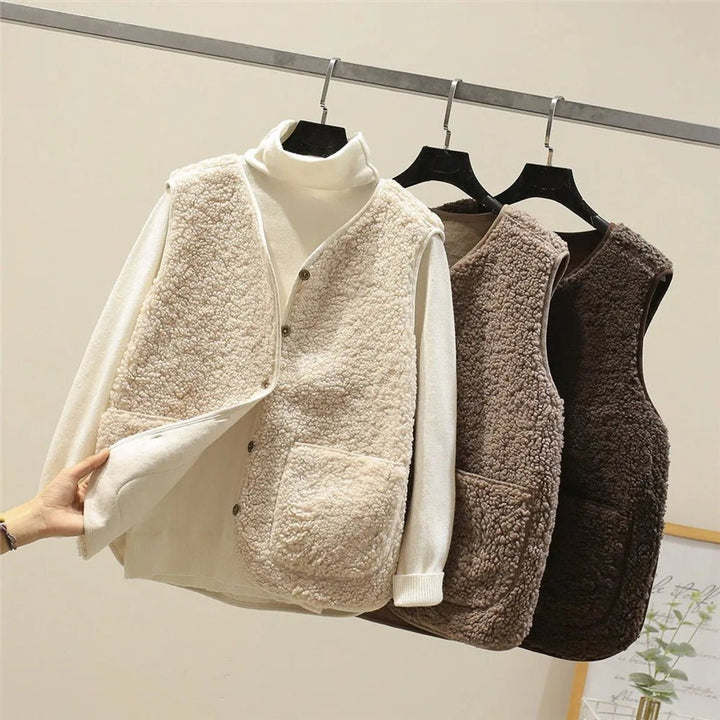 Women's Sherpa Fleece Button-Front Puffer Vest Sleeveless Jacket
