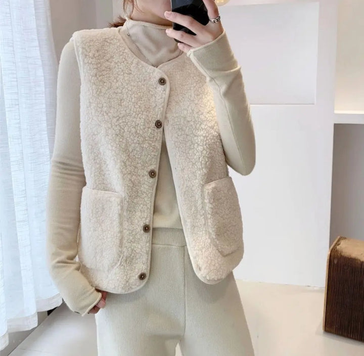 Women's Sherpa Fleece Button-Front Puffer Vest Sleeveless Jacket