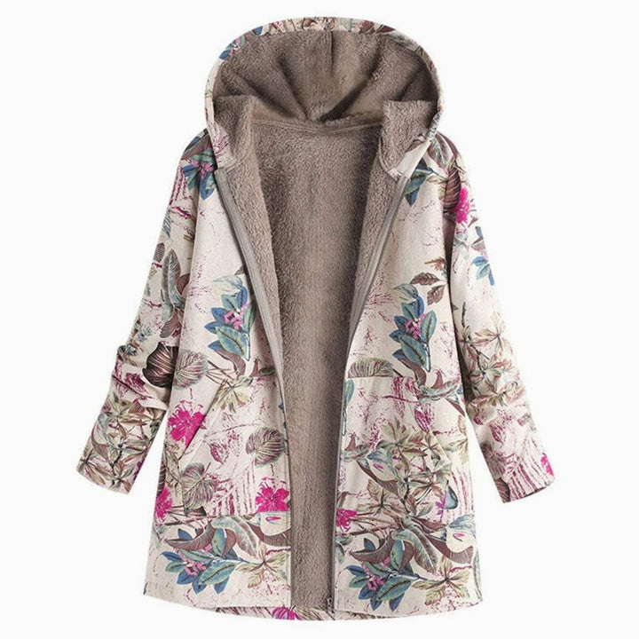 Women's Sherpa-Lined Hooded Floral Coat Long-Sleeve Zip-Up Jacket - White