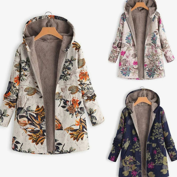 Women's Sherpa-Lined Hooded Floral Coat Long-Sleeve Zip-Up Jacket