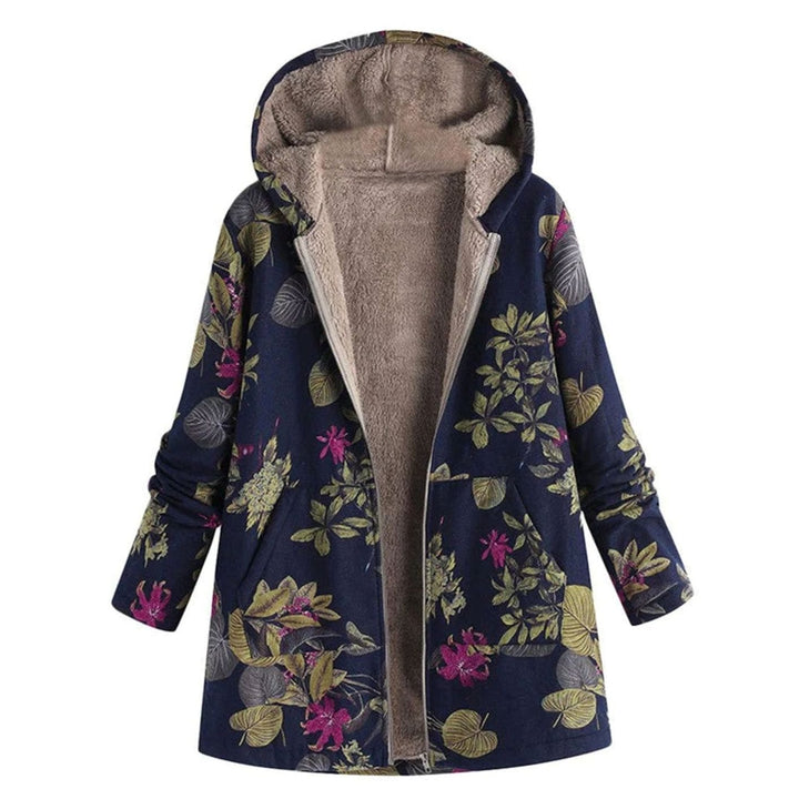 Women's Sherpa-Lined Hooded Floral Coat Long-Sleeve Zip-Up Jacket - Blue