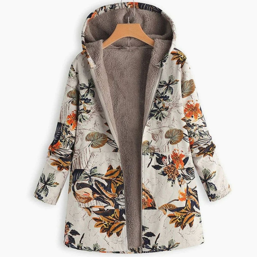 Women's Sherpa-Lined Hooded Floral Coat Long-Sleeve Zip-Up Jacket - Beige